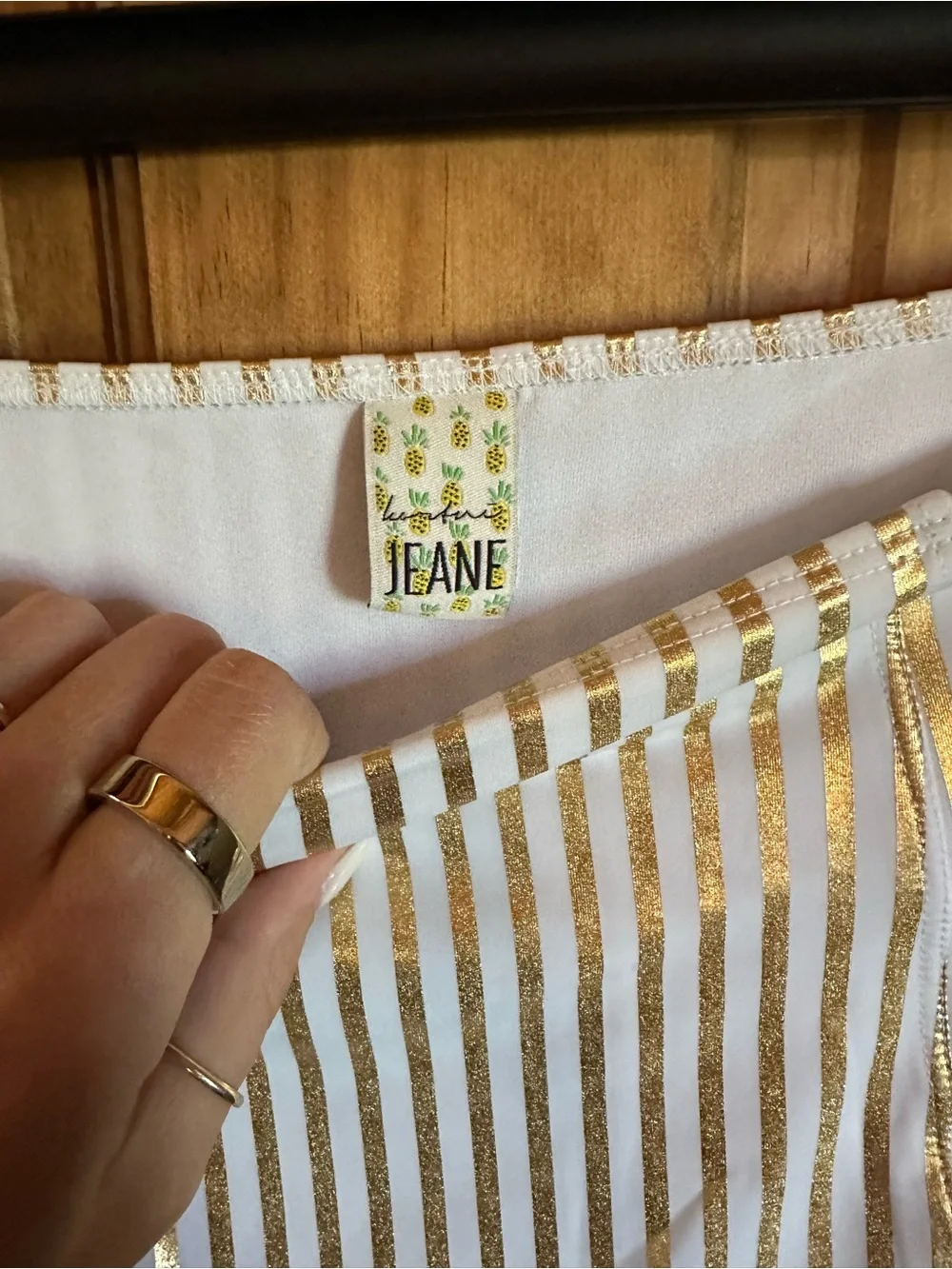 Kortni Jeane White high waisted Bikini Bottoms with Gold Metallic Stripes medium